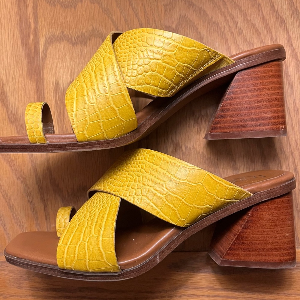 Franco Sarto yellow chunky heel mules